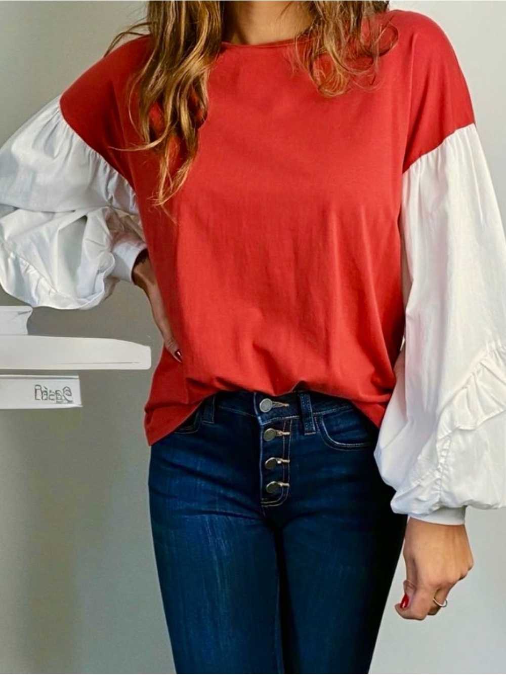 Mustard Seed Red and White Puff Sleeve Colorblock Top